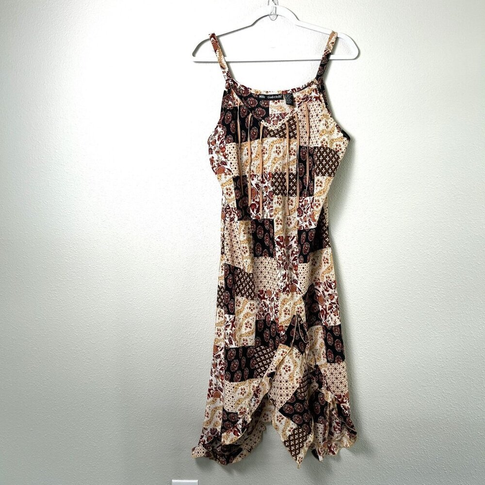 Mlle Gabrielle Midi Dress Size 16 Tan Brown Patchwork Ruffle Handkerchief Hem